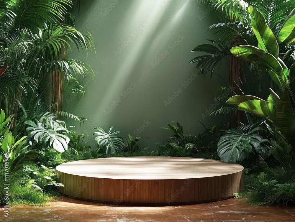 Tropical Wooden Platform for Product Display in a Serene Natural Setting Tropical Wooden Platform for Product Display in a Serene Natural Setting