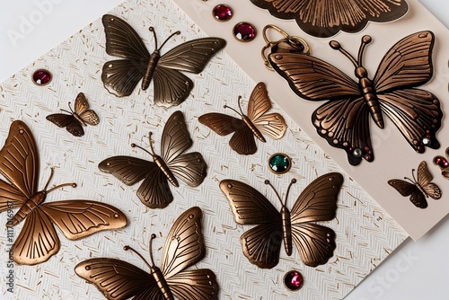 Butterfly Stickers with Bronze and Gem Designs on Decorative Background photo