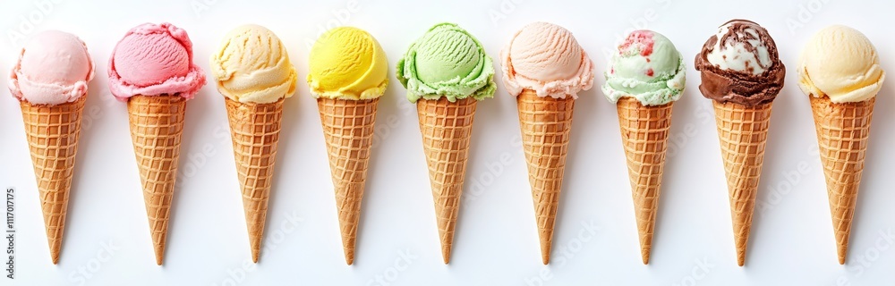 A row of nine different ice cream cones on a white background. A row of nine different ice cream cones on a white background.