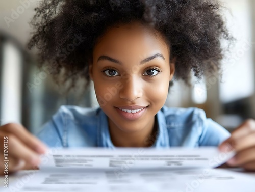 A woman smiling as she receives good news via email at her home desk.