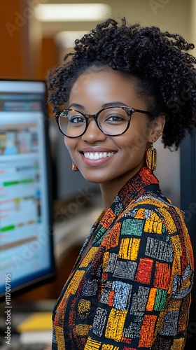 A woman smiling during a virtual happy hour with colleagues.