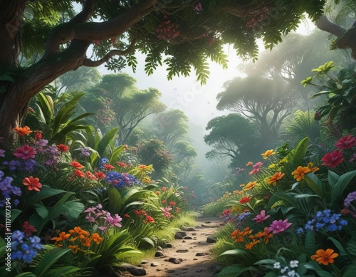Dense jungle canopy with lush greenery and colorful flowers, green, jungle