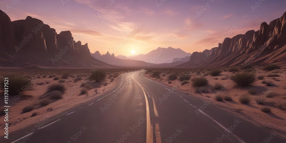 Fototapeta premium Desert road winding through a surreal landscape at dusk, clouds, rugged terrain, twisted trees