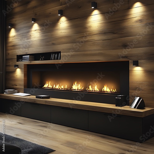 A cozy home office with a fireplace in the background.