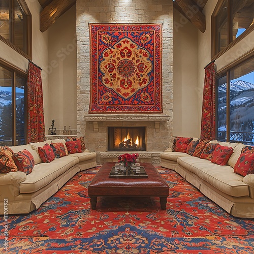 A cozy home office with a fireplace in the background.