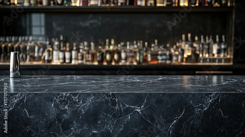 Dark marble bar counter with blurred liquor bottles background.
