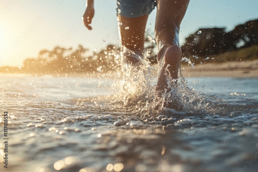 Person running through shallow water at the beach Person running through shallow water at the beach