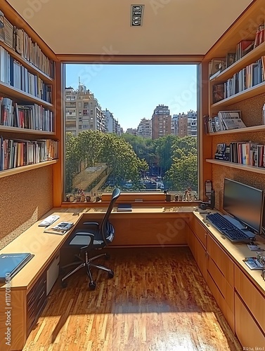 A home office with a corkboard full of ideas and inspiration.