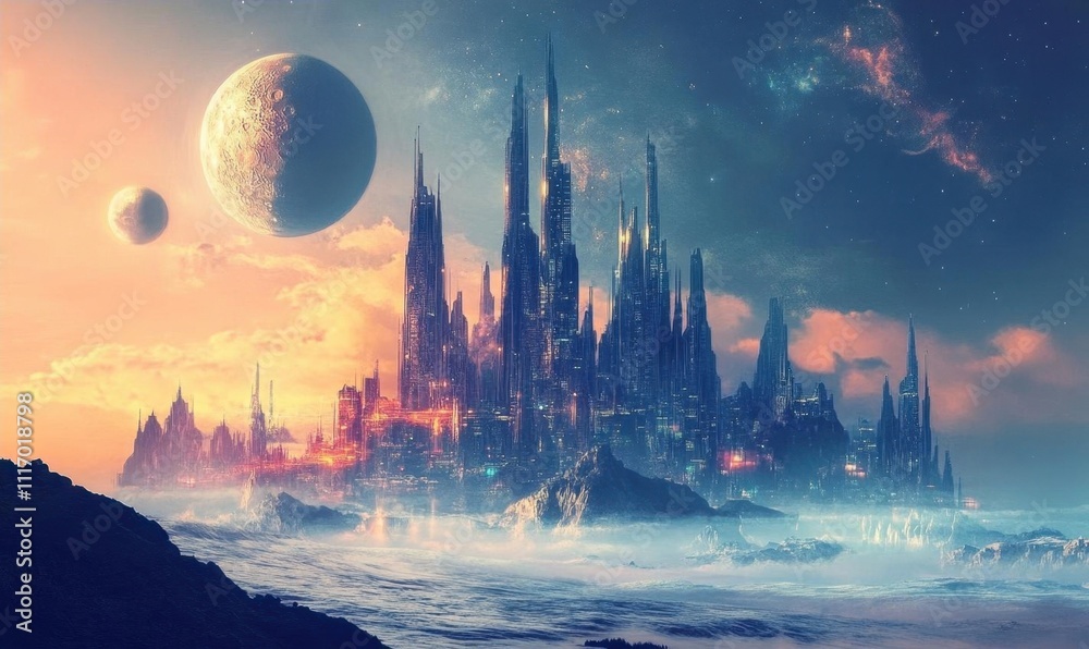 Fototapeta premium A surreal cityscape with towering spires under a cosmic sky.