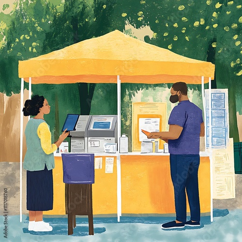 A man and woman at an outdoor market booth, interacting with a tablet and receiving information.