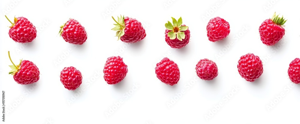 Red raspberries arranged in two rows on a white background.