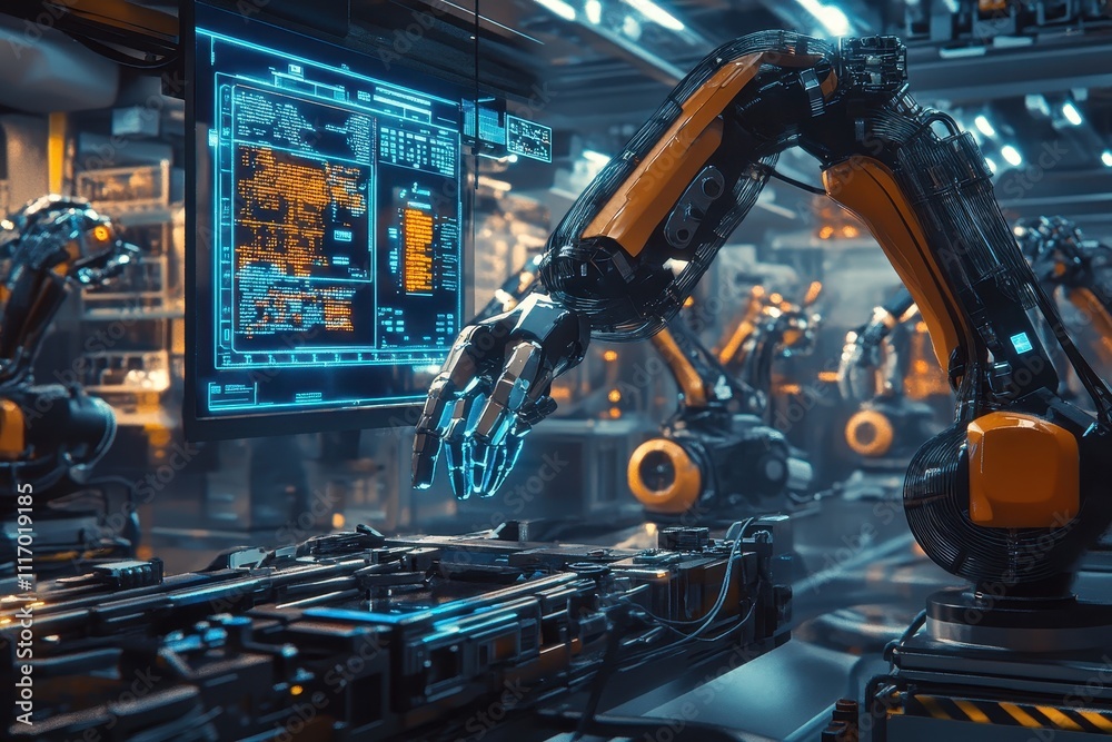 A futuristic industrial setting featuring robotic arms working on a production line A futuristic industrial setting featuring robotic arms working on a production line