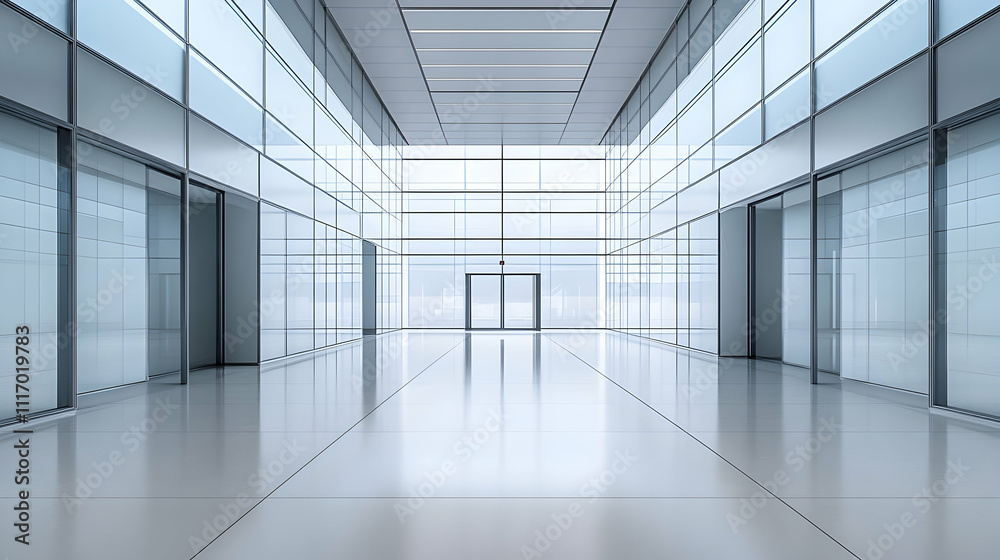 Fototapeta premium Modern glass corridor interior with sleek design and bright lighting.