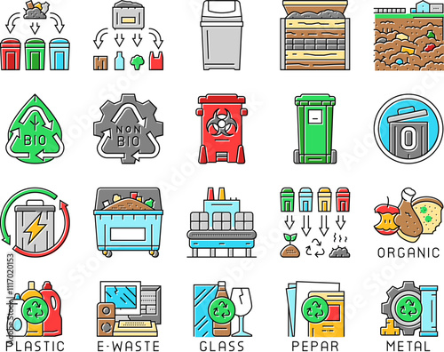 waste sorting garbage plastic icons set vector. trash paper, glass can, metal container, bottle sort, food reuse, segregation bin waste sorting garbage plastic color line illustrations