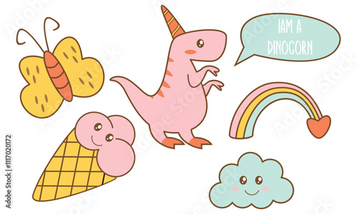 Kawaii Baby Dinosaur Unicorn with elements in pastel color style vector set