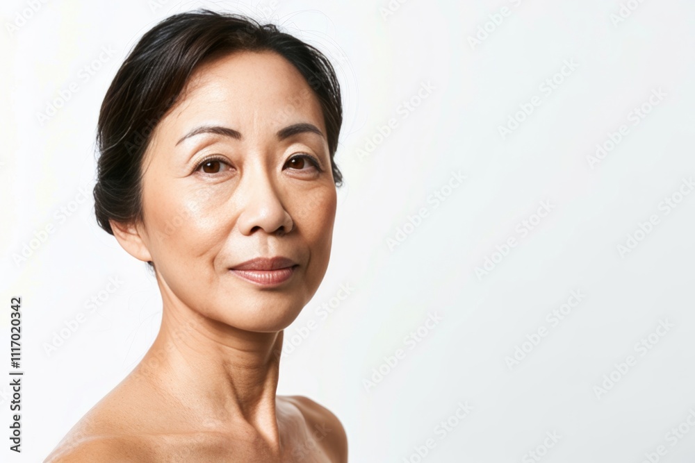 studio shot of mature  middle aged chinese woman with beautiful skin, smiling  studio lighting ,clean white background ,copy space, skin care, healthy lifestyle,self care concept 
