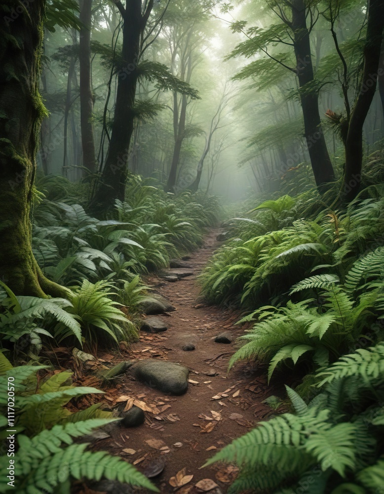 Fototapeta premium Forest floor covered in a thick layer of leaves and ferns, moss, earthy scents, undergrowth