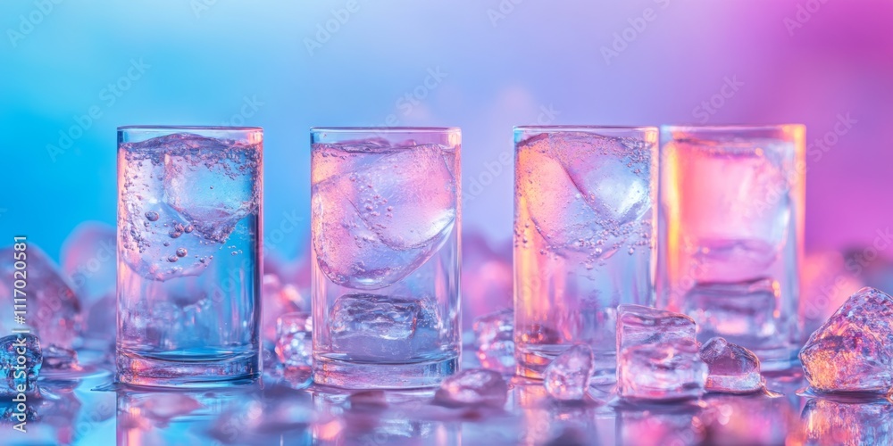 Glasses filled with fresh water and ice cubes create a refreshing display against a vibrant colorful background Glasses filled with fresh water and ice cubes create a refreshing display against a vibrant colorful background