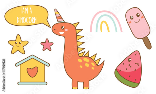 Kawaii Baby Dinosaur Unicorn with elements in pastel color style vector set