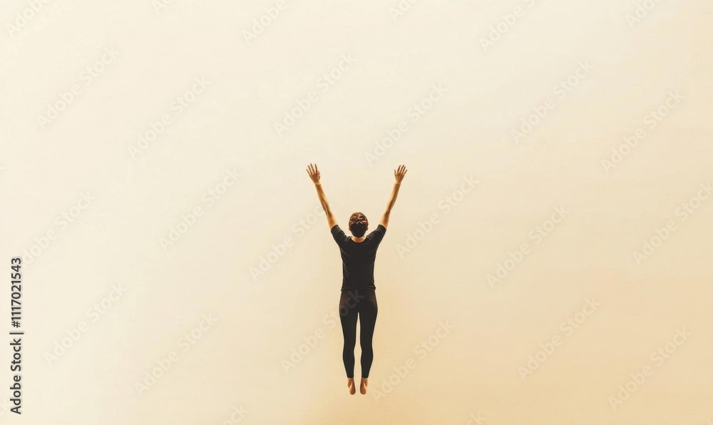 Fototapeta premium A person jumps joyfully against a soft, light background.