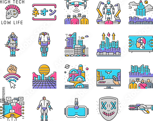cyberpunk digital city future icons set vector. cyber technology, modern street, night light, building urban, fantasy, town blue cyberpunk digital city future color line illustrations