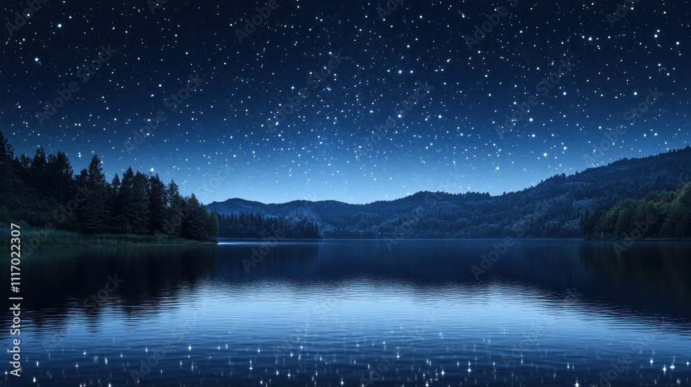 A clear night sky filled with thousands of twinkling stars over a calm lake A clear night sky filled with thousands of twinkling stars over a calm lake