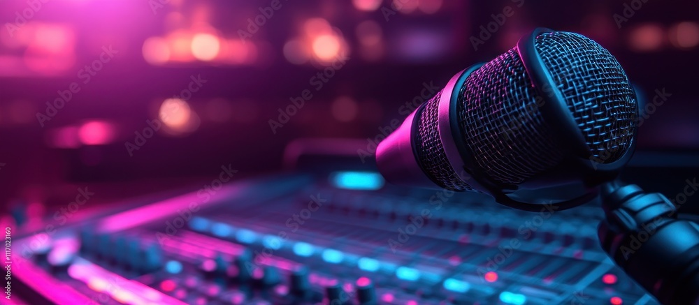 Microphone with sound mixer in the background lit in purple and blue neon lights.