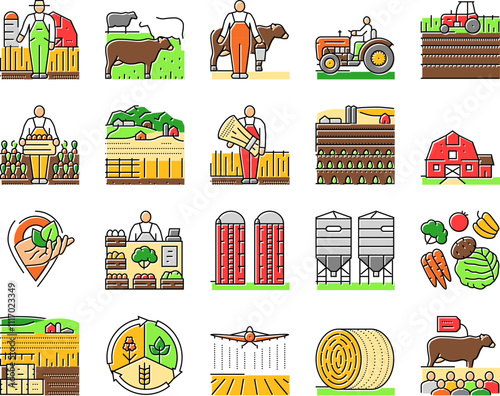 farmer farm agriculture field man icons set vector. rural worker, nature people, harvest plant, organic person, outdoor work farmer farm agriculture field man color line illustrations