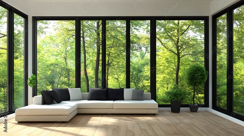 Fototapeta premium Modern living room with large windows overlooking lush green forest.