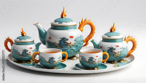 Elegant Dragon Tea Set: Exquisite Porcelain Teapot, Cups, and Sugar Bowl with Intricate Dragon Design