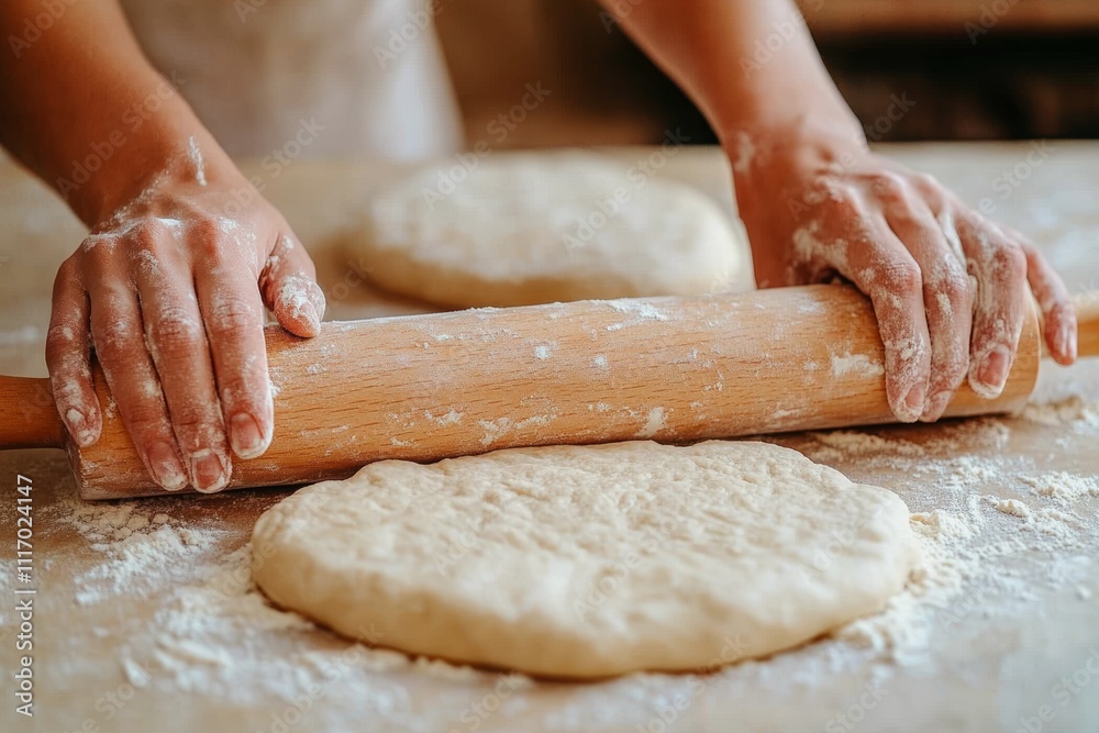 Hands Rolling Out Dough with a Wooden Rolling Pin in a Cozy Kitchen Setting Hands Rolling Out Dough with a Wooden Rolling Pin in a Cozy Kitchen Setting