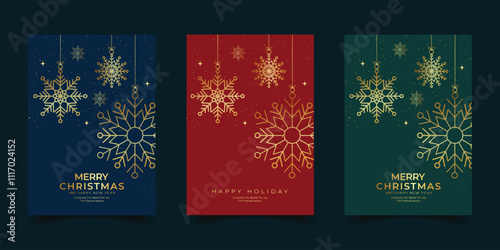 Set of christmas and happy new year greeting card with golden snowflakes hanging luxury ornament art decoration