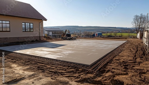 A freshly poured concrete slab on a construction site.