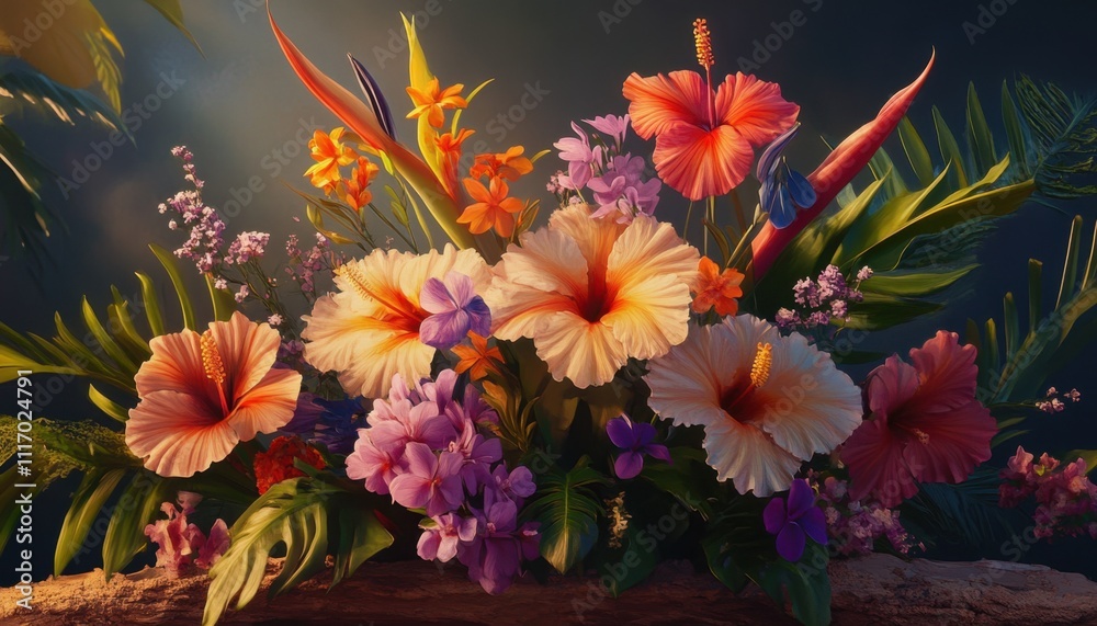 A vibrant floral arrangement featuring various tropical flowers. A vibrant floral arrangement featuring various tropical flowers.