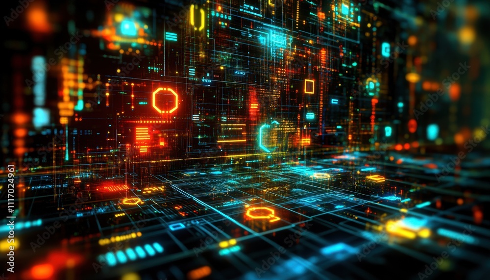 Fototapeta premium A vibrant digital landscape filled with glowing data patterns and grids.