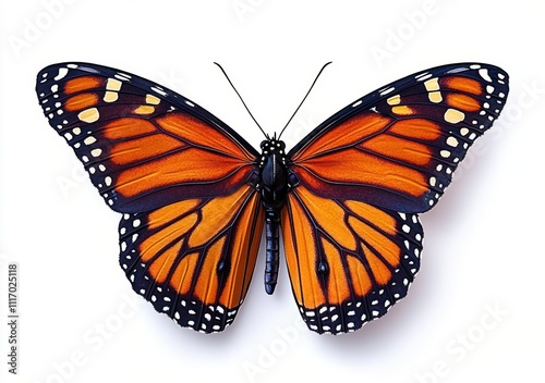 Photorealistic Close-Up of Monarch Butterfly on White Background with Vibrant Colors and Intricate Patterns photo