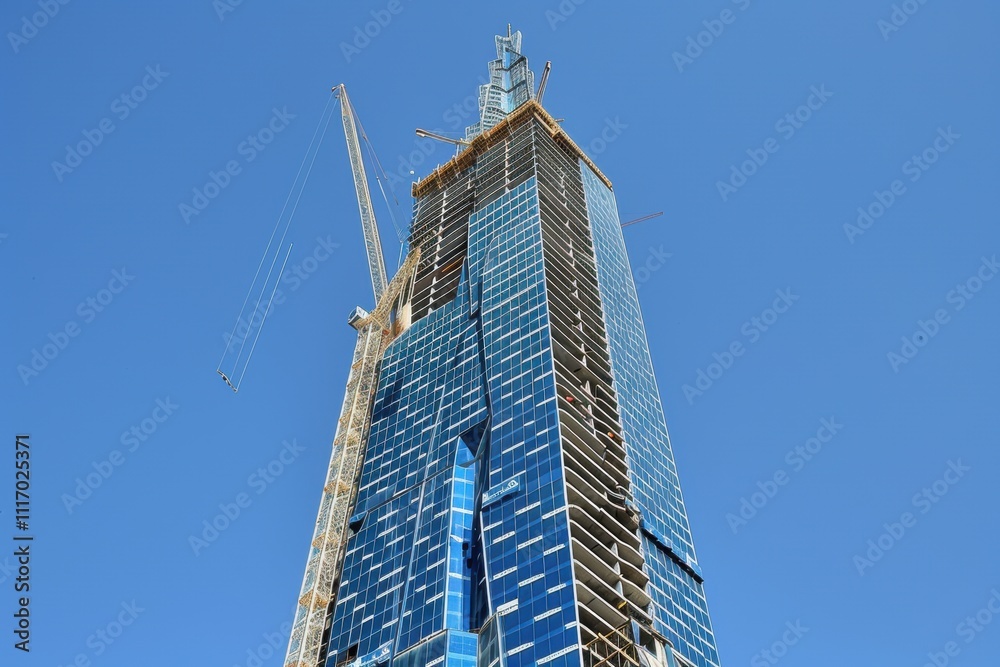 Obraz premium A tall skyscraper under construction against a clear blue sky.