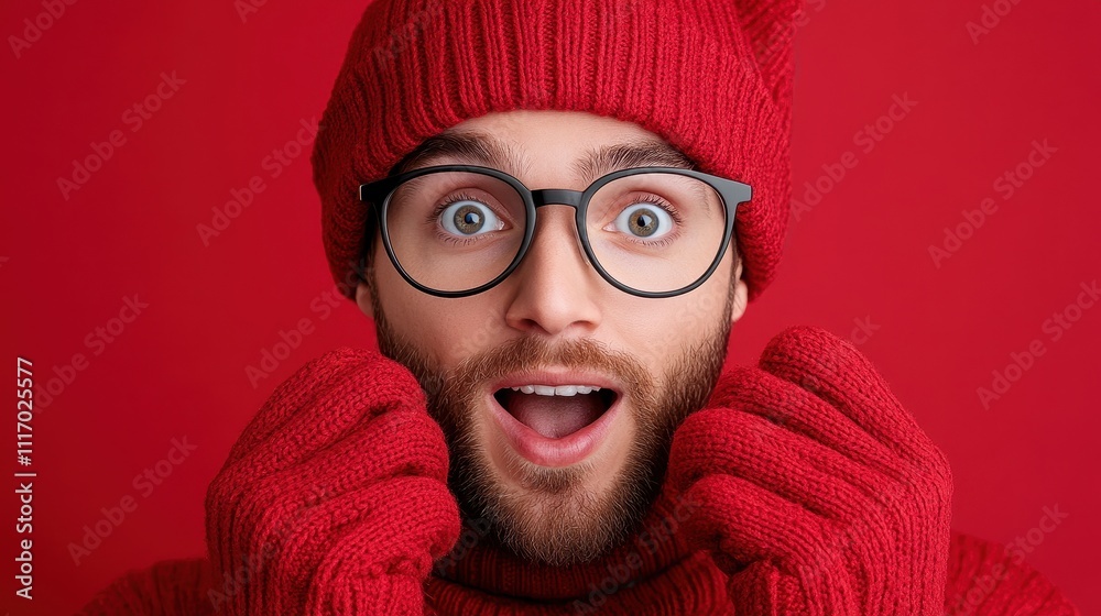 Excited young man in red hat and gloves studio setting portrait photography vibrant color environment close-up view joyful expression Excited young man in red hat and gloves studio setting portrait photography vibrant color environment close-up view joyful expression