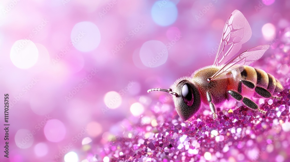 Giltering Bee Bee pollinating glittering pink flowers enchanted garden nature ...