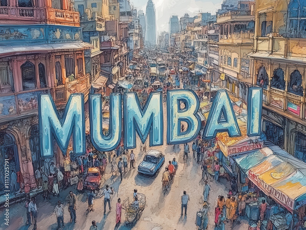 Obraz premium Vibrant Mumbai Street Scene: Indian Culture, Market Life, and Diverse People