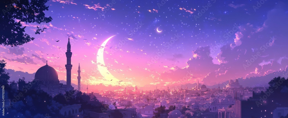Obraz premium Crescent Moon Over a City at Twilight