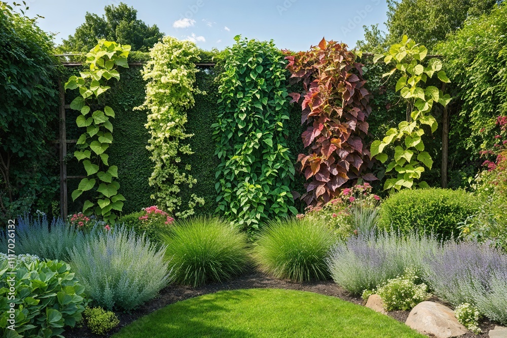 Obraz premium Lush Decorative Climbing Plants and Graceful Flowing Flora in Garden Landscape