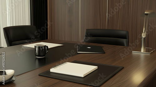Modern office meeting room with dark wood table, black leather chairs, laptop, notebooks, and coffee cup.