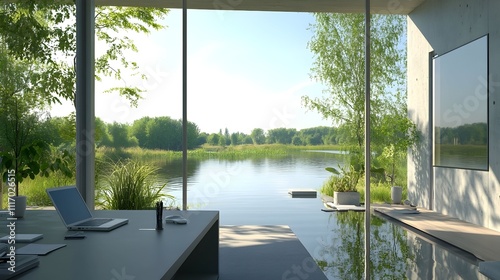 Modern office with lake view, laptop, desk, plants, sunlight.