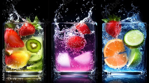 Fototapeta Naklejka Na Ścianę i Meble -  Refreshing drink splash with fruits studio photography dark background close-up beverage art