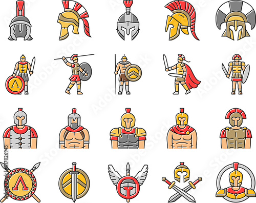 spartan warrior helmet roman icons set vector. soldier sparta, battle armor, gladiator head, greek ancient, knight spartan warrior helmet roman color line illustrations