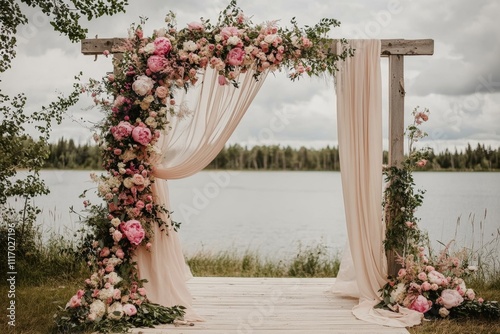 Lavish boho wedding arch with pink flowers and draped satin curtains by tranquil lake for a romantic ceremony celebration