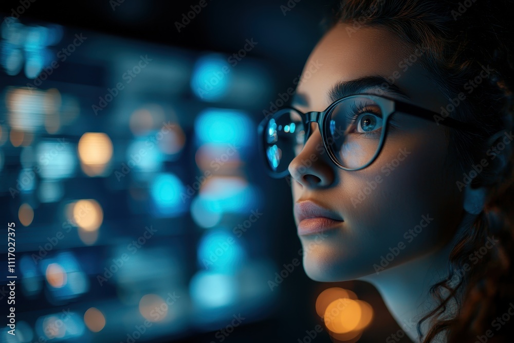 Young woman studying data on multiple computer screens in dim lighting Young woman studying data on multiple computer screens in dim lighting