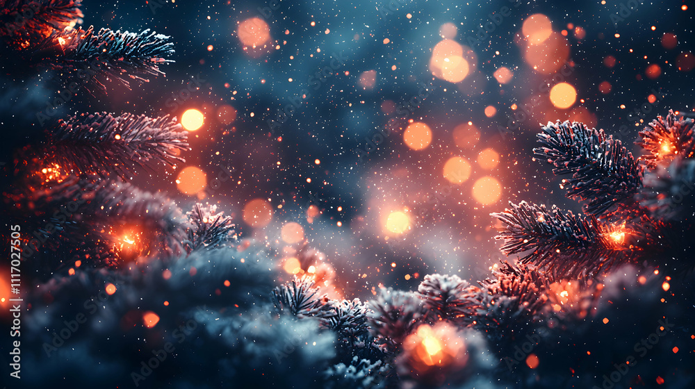 Snow Covered Pine Branches With Warm Lights Snow Covered Pine Branches With Warm Lights