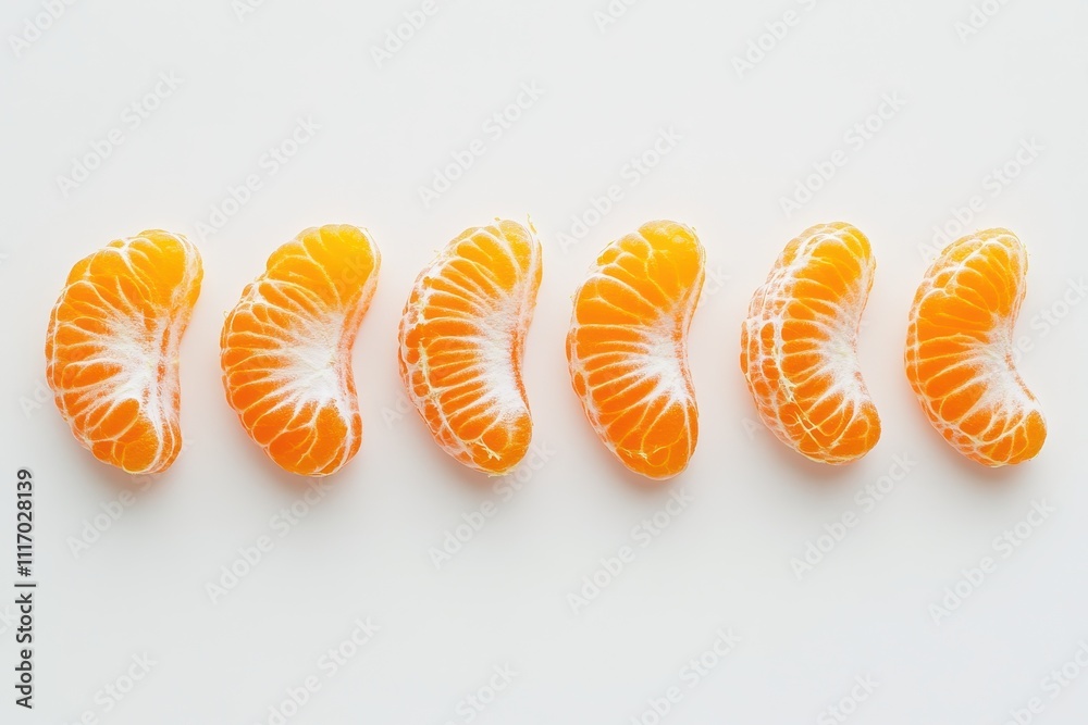 A minimalist composition featuring several peeled segments of a tangerine against a white background